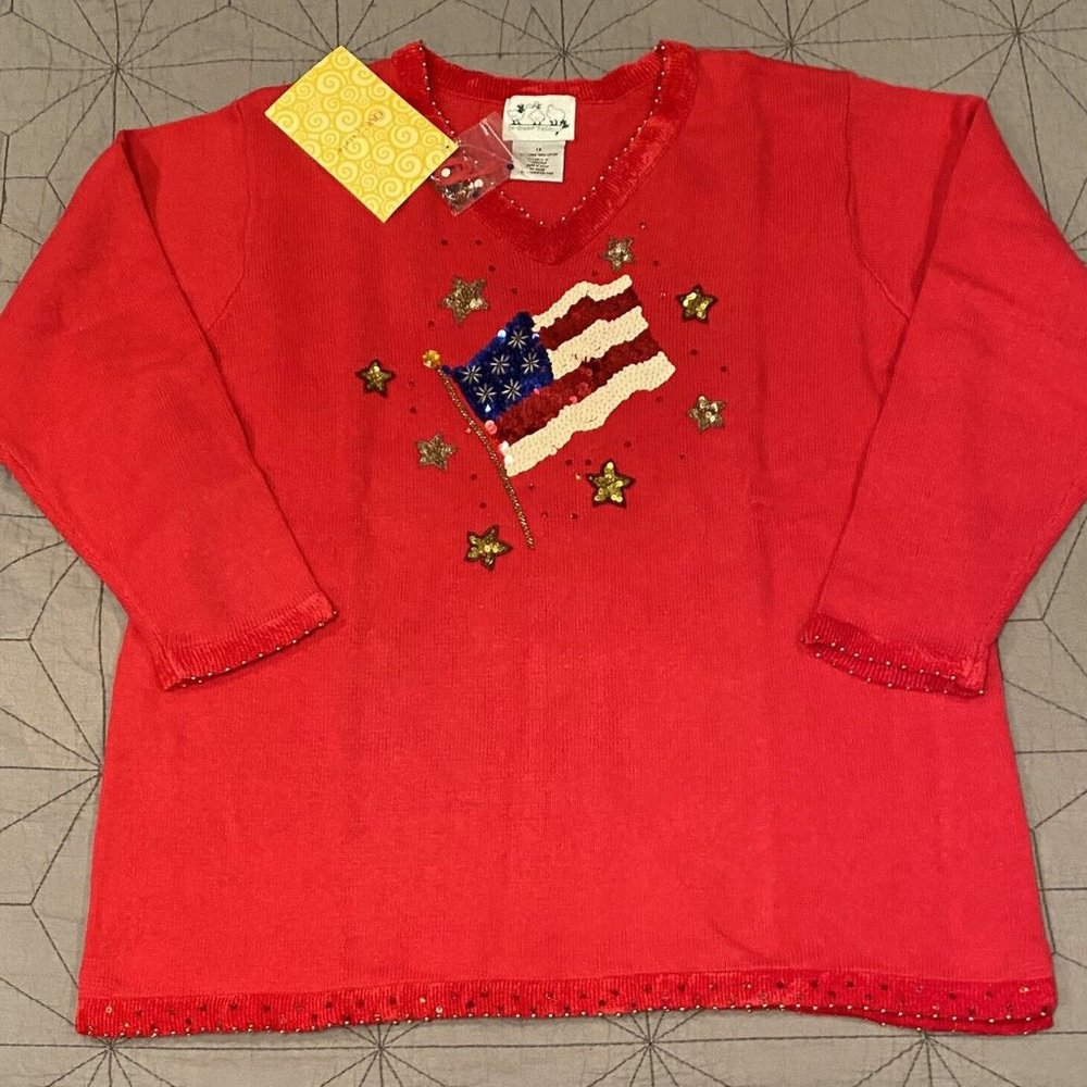 NWT Vtg Quacker Factory Red American Flag Sweater Plus Sz 1X Sequin Patriotic
